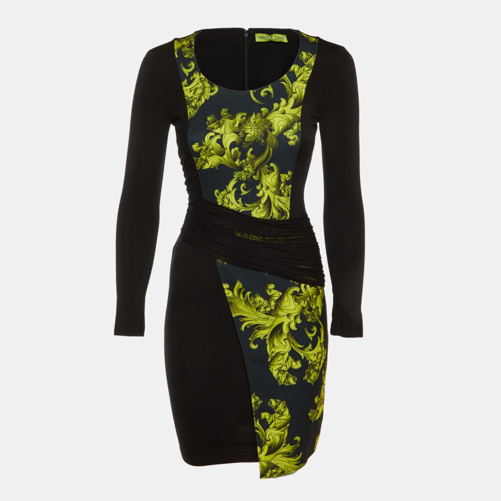 Versace Jeans Black Baroque Print Cady Ruched Bodycon Dress S Versace Jeans Black Baroque Print Cady Ruched Bodycon Dress S