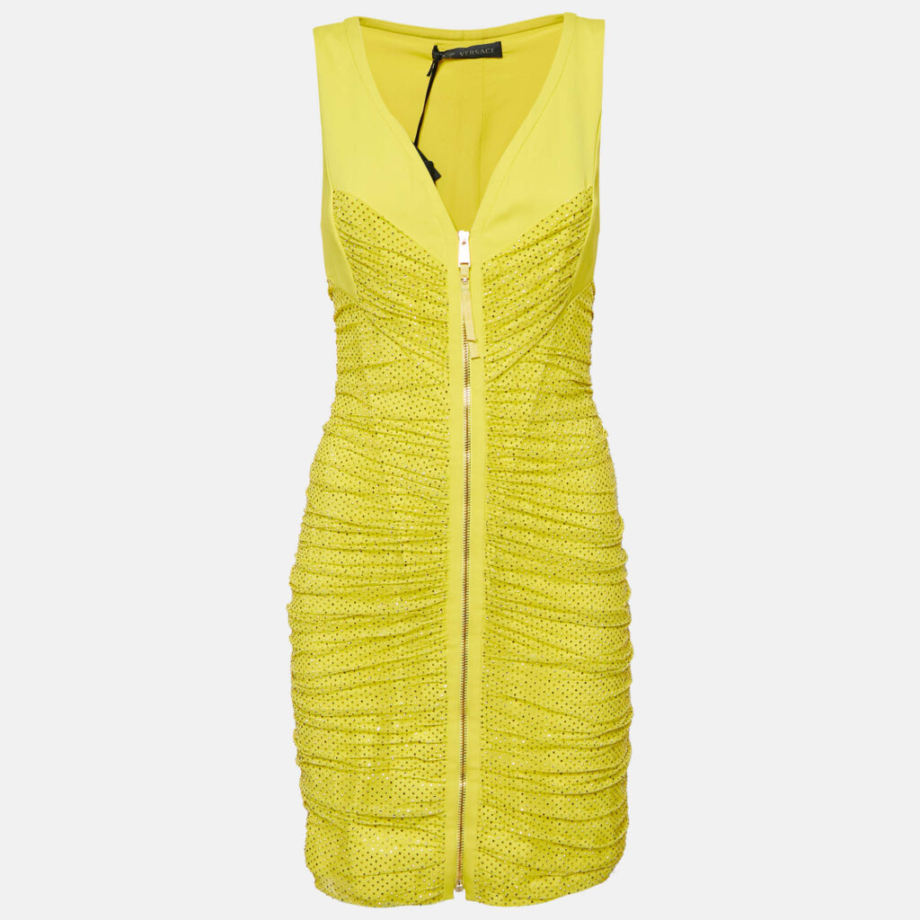 Versace Yellow Embellished Tulle and Jersey Ruche Mini Dress M Versace Yellow Embellished Tulle and Jersey Ruche Mini Dress M