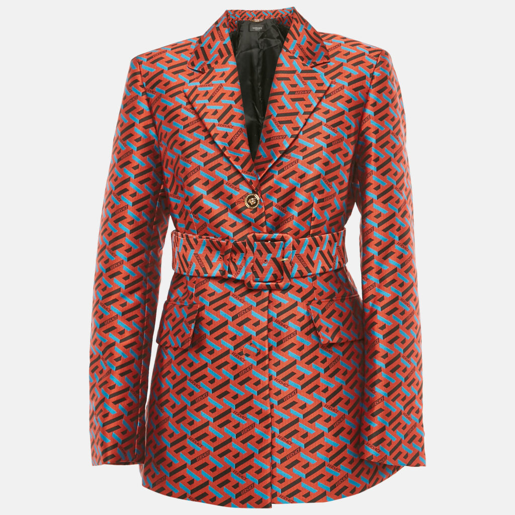 Versace Red La Greca Jacquard Belted Jacket M Versace Red La Greca Jacquard Belted Jacket M
