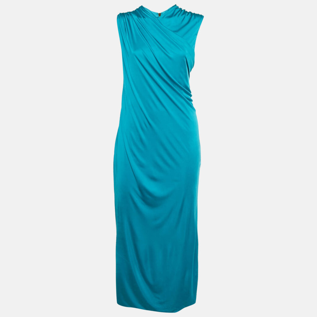 Versace Blue Jersey Ruched Bodycon L Versace Blue Jersey Ruched Bodycon L