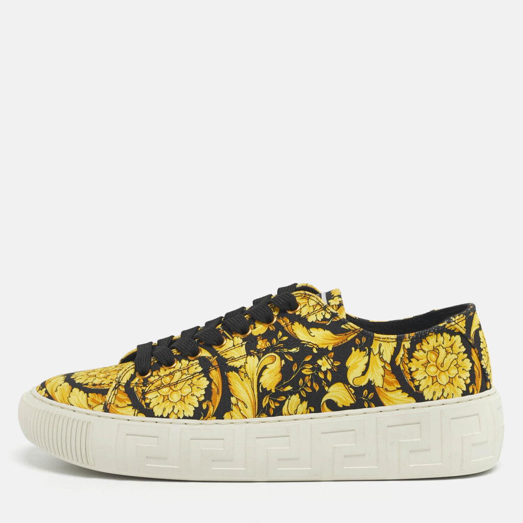 Versace Yellow/Black Barocco Print Canvas Greca Sneakers Size 40