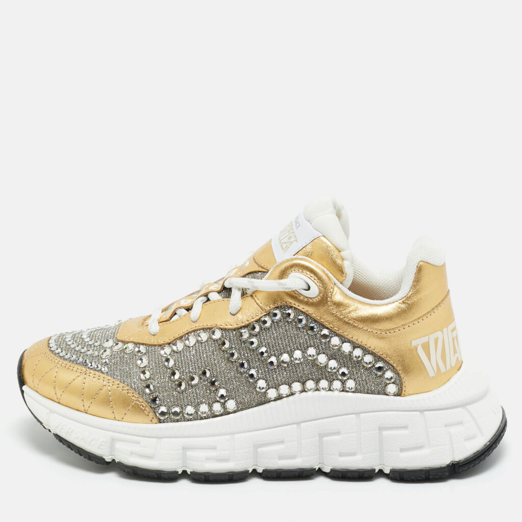 Versace Gold/Silver Leather and Lurex Fabric Trigreca Sneakers Size 36 Versace Gold/Silver Leather and Lurex Fabric Trigreca Sneakers Size 36