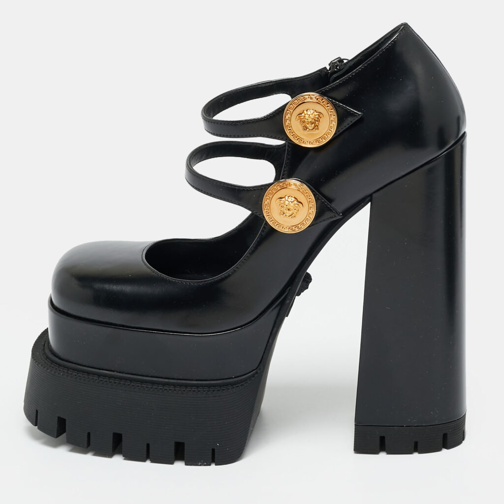 Versace Medusa Aevitas Size 39 Black Leather Platform Pumps