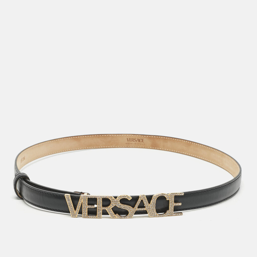 Versace Black Leather Logo Crystals Waist Belt 85CM