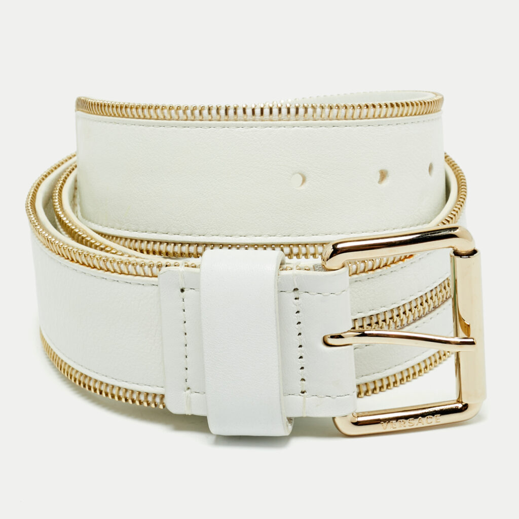 Versace White Leather Zip Detail Buckle Belt 70 CM Versace White Leather Zip Detail Buckle Belt 70 CM