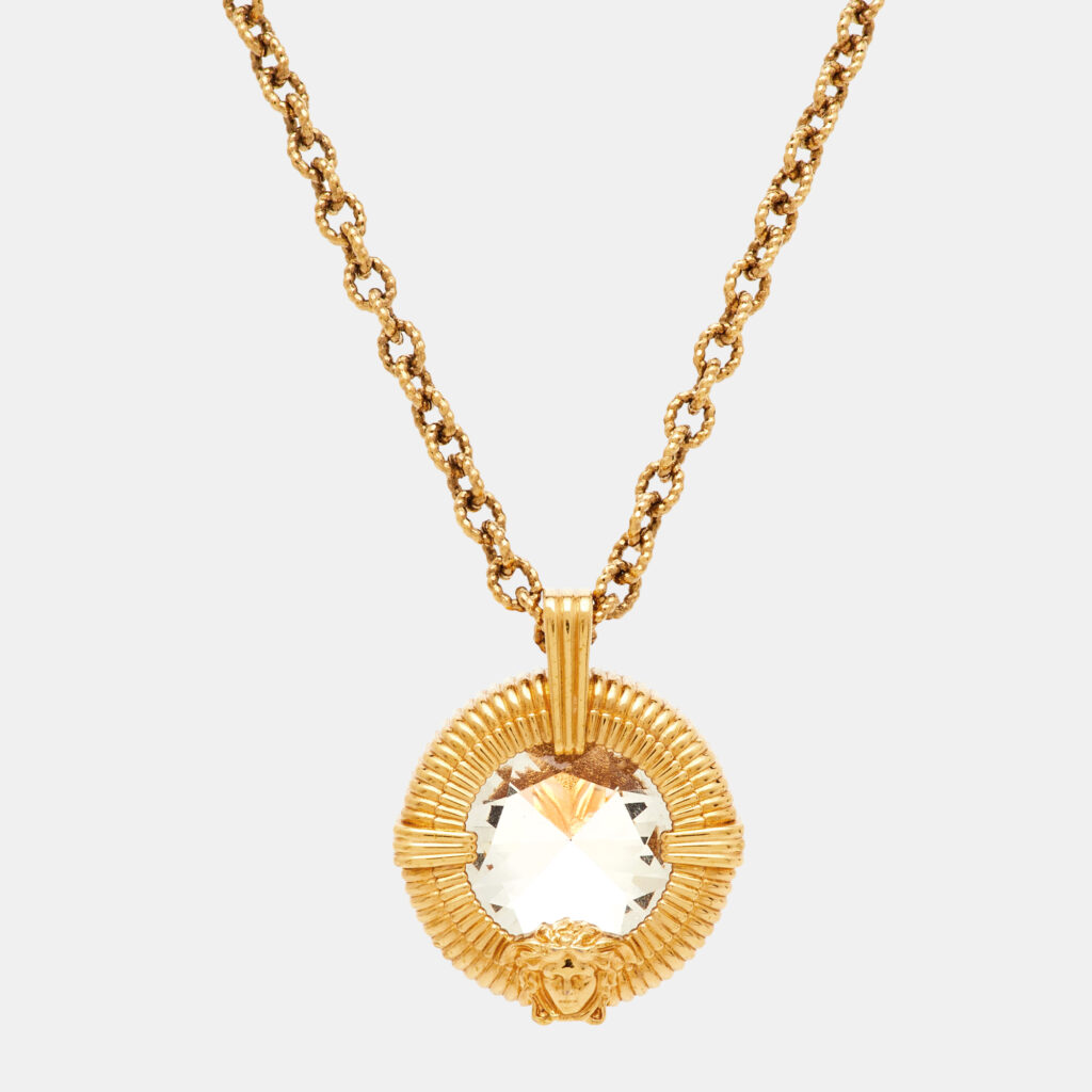 Versace Medusa Crystal Gold Tone Long Pendant Necklace Versace Medusa Crystal Gold Tone Long Pendant Necklace