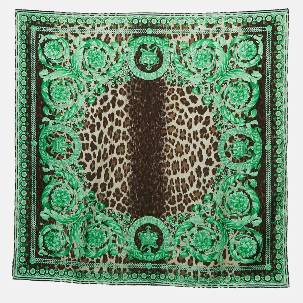 Versace Green Animal & Baroque Print Silk Square Scarf Versace Green Animal & Baroque Print Silk Square Scarf