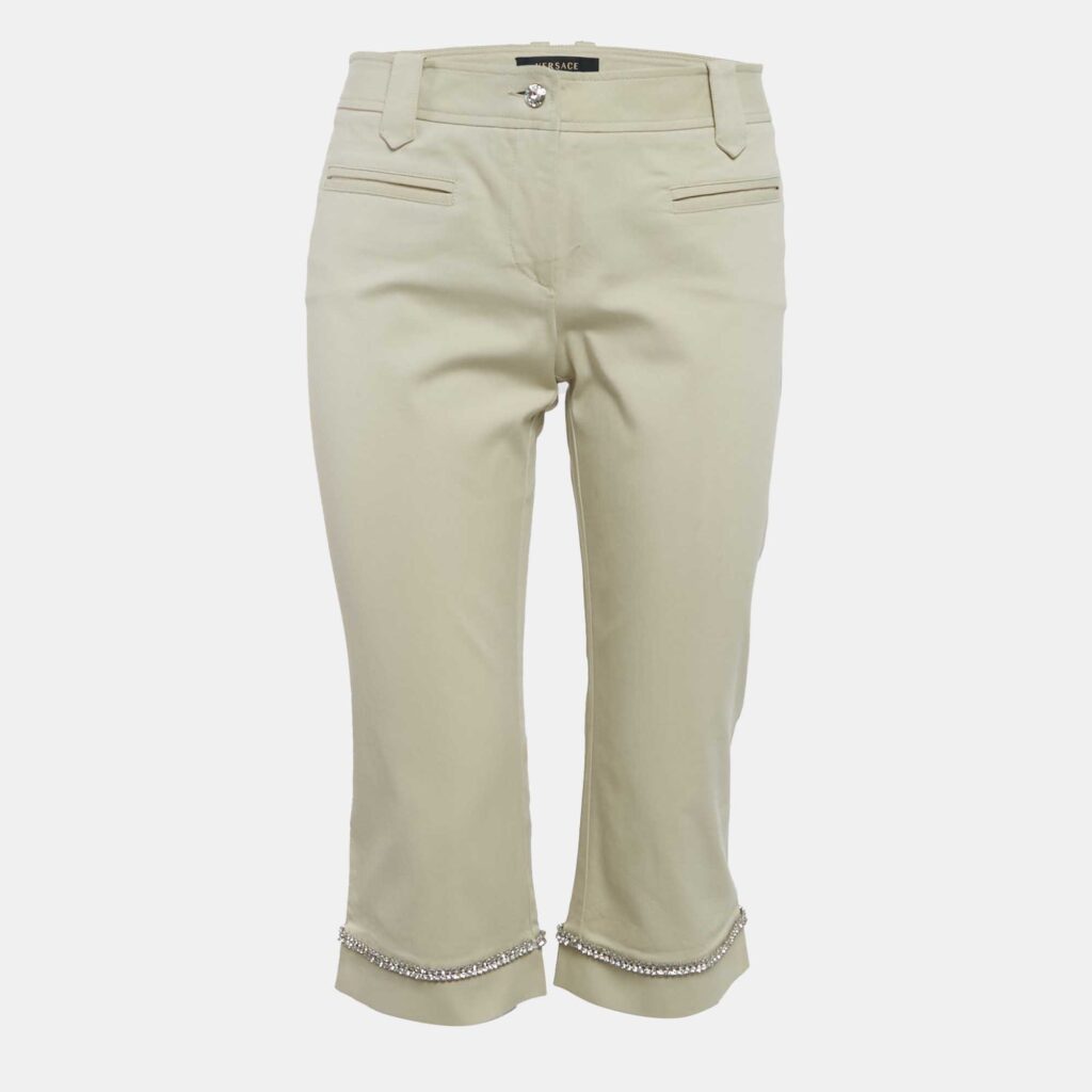 Versace Beige Studded Gabardine Cotton Capri Pants M Versace Beige Studded Gabardine Cotton Capri Pants M