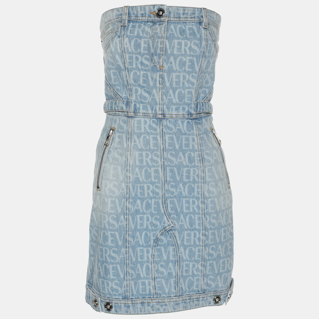 luxury-women-versace-used-clothes-p1144686-001-1.jpg Versace Blue Logo Print Denim Strapless Mini Dress M