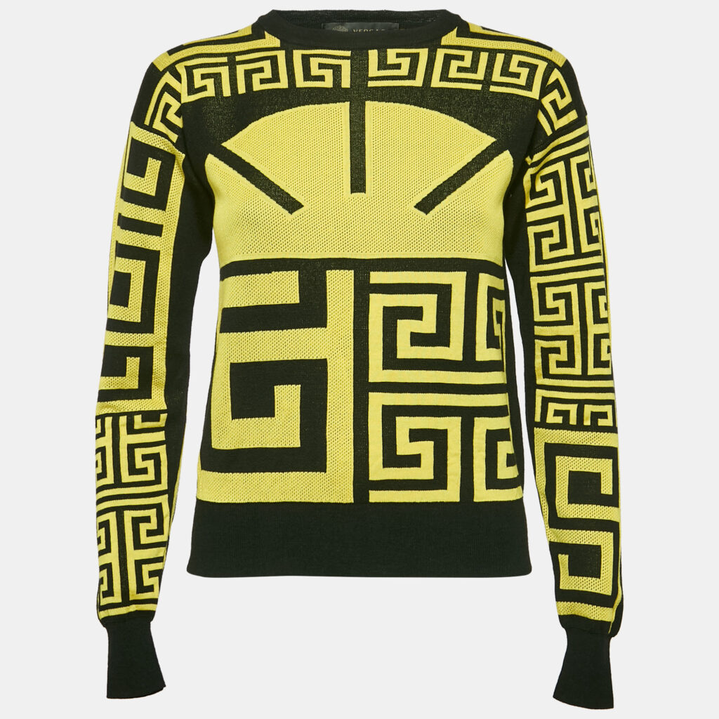 luxury-women-versace-used-clothes-p1150869-003-1.jpg Versace Black/Yellow Greca Pattern Jersey Crewneck Sweatshirt S