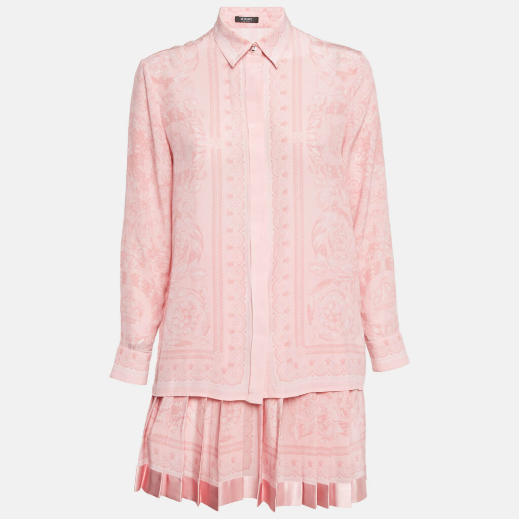 Versace Pink Barocco Print Silk Shirt and Skirt Set S Versace Pink Barocco Print Silk Shirt and Skirt Set S
