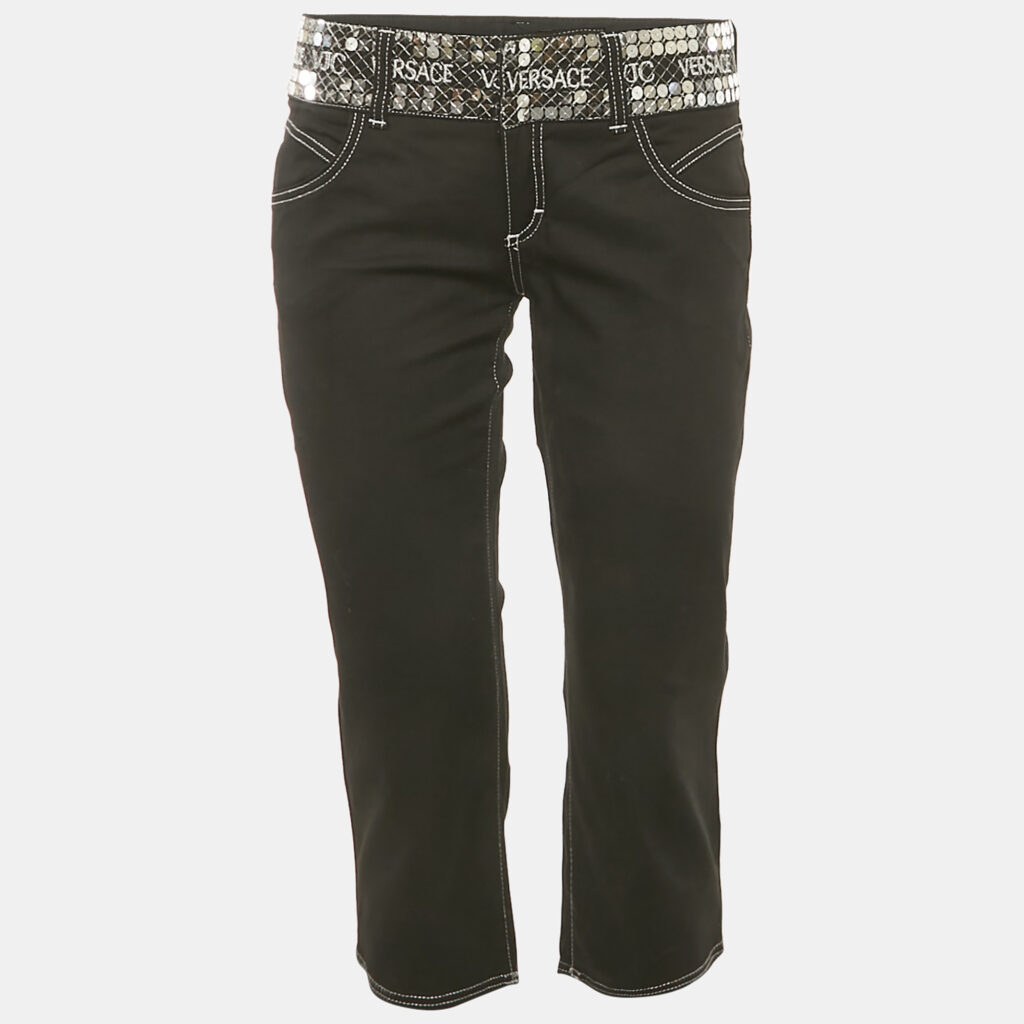 Versace Black Gabardine Cotton Waist Sequin Detail Capri Pants M Versace Black Gabardine Cotton Waist Sequin Detail Capri Pants M
