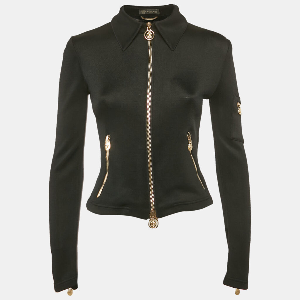 Versace Black Stretch Knit Medusa Hardware Detail Cropped Jacket XXS