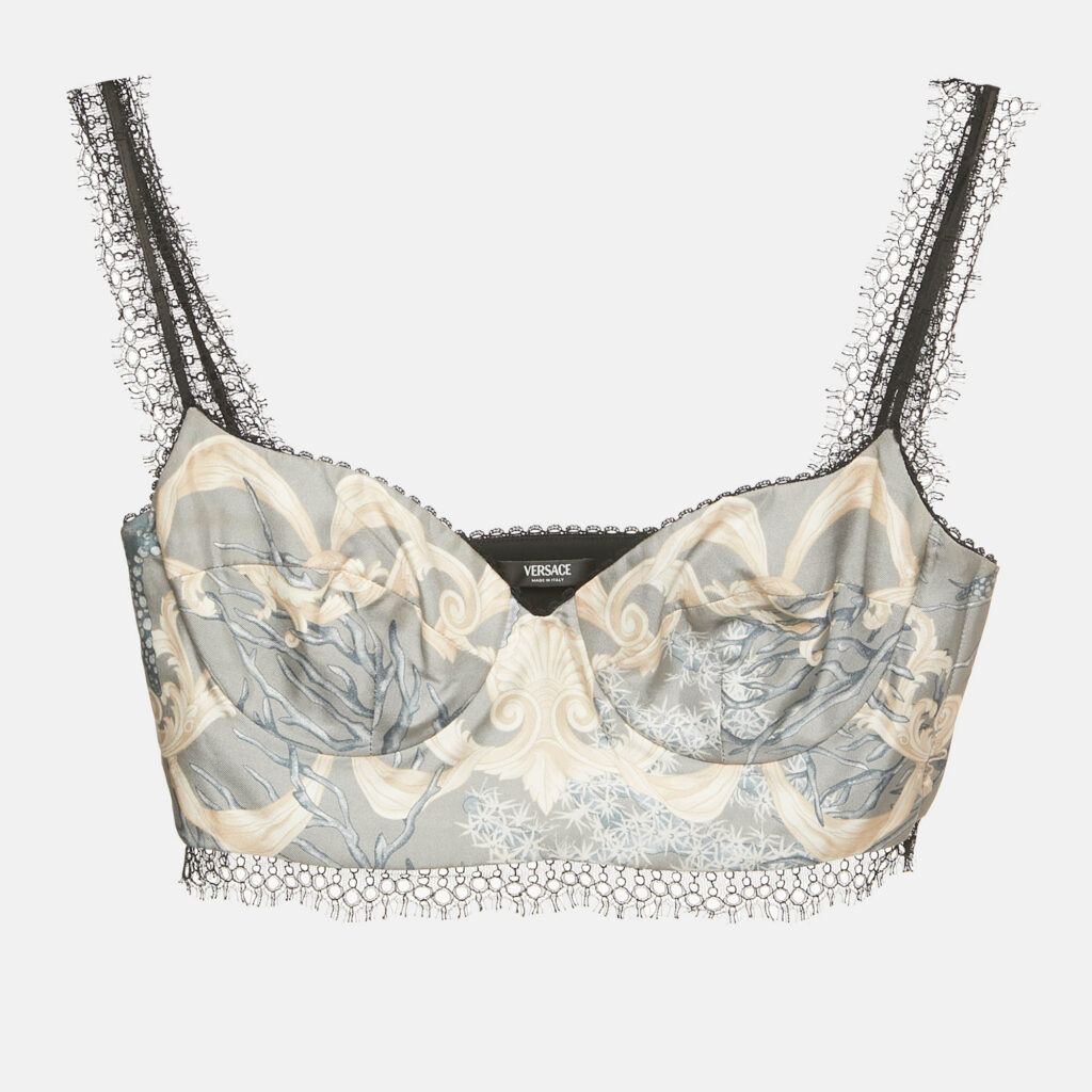 Versace Grey Printed Silk Blend Lace Trim Bralette Top XS Versace Grey Printed Silk Blend Lace Trim Bralette Top XS