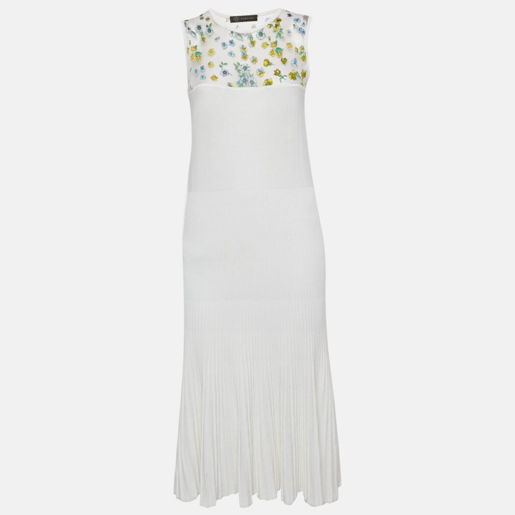 Versace White Floral Print Mesh and Knit Flared Midi Dress L