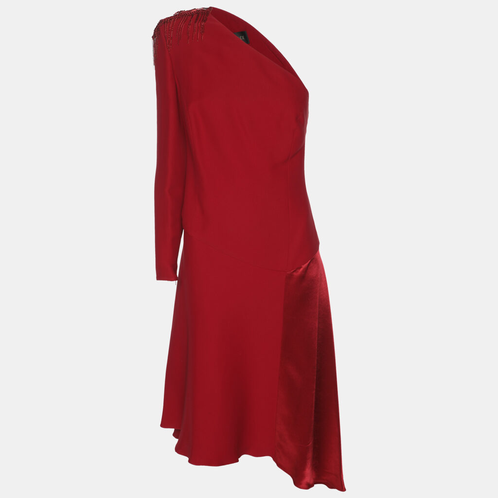 Versace Red Silk Embellished One Off Shoulder Dress M