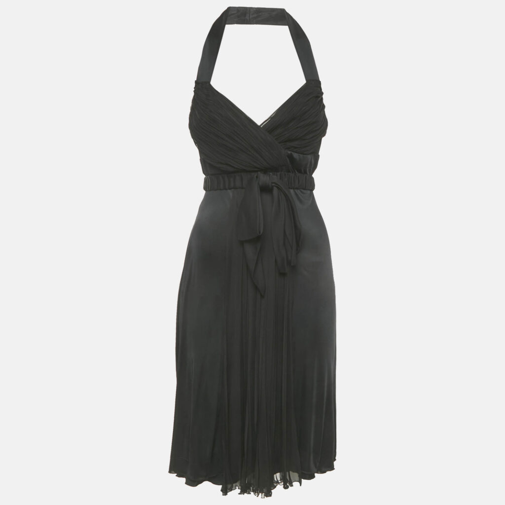 Versace Black Jersey & Silk Halter Neck Backless Belted Mini Dress M