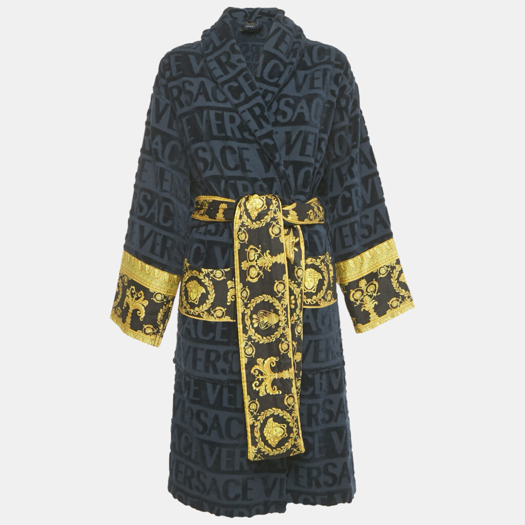 Versace Navy Blue Monogram Medusa Amplified Terry Bathrobe S
