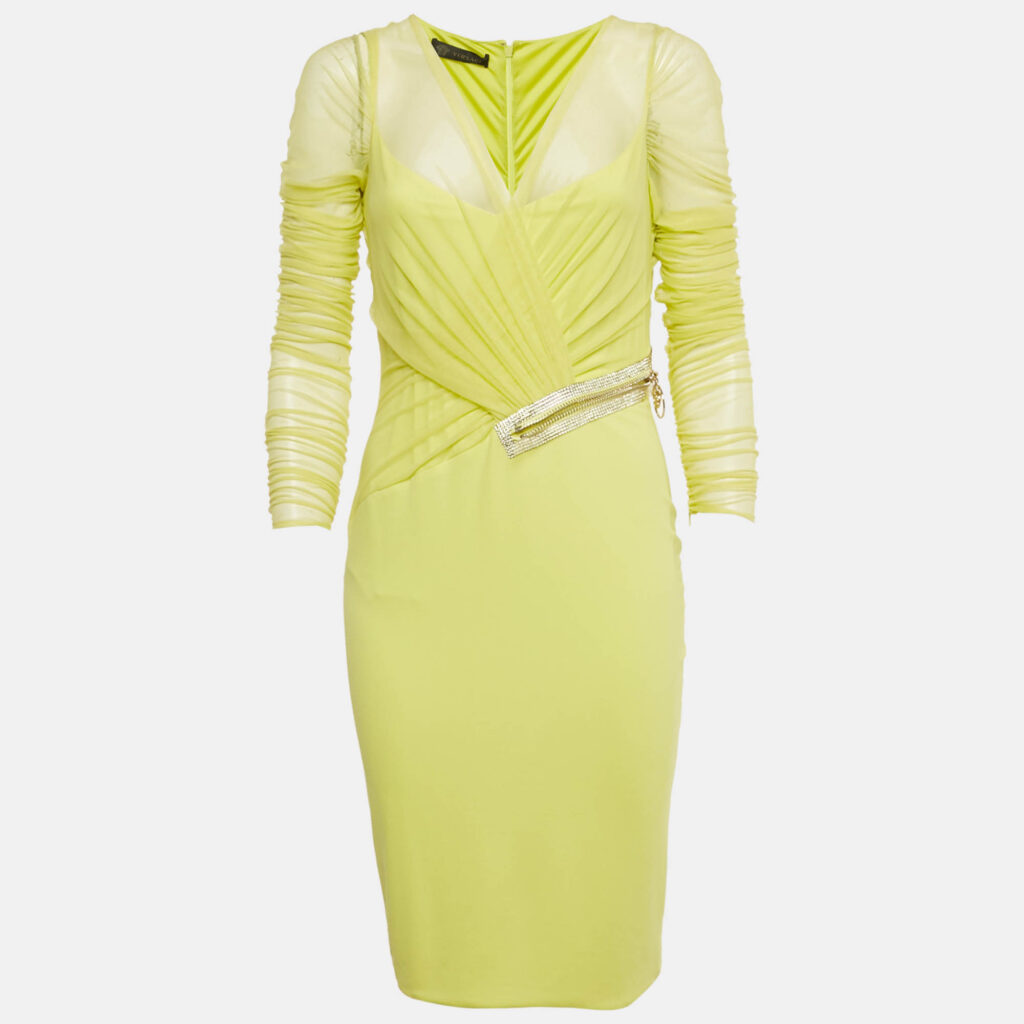 Versace Neon Yellow Embellished Detail Mesh & Jersey Short Dress M Versace Neon Yellow Embellished Detail Mesh & Jersey Short Dress M