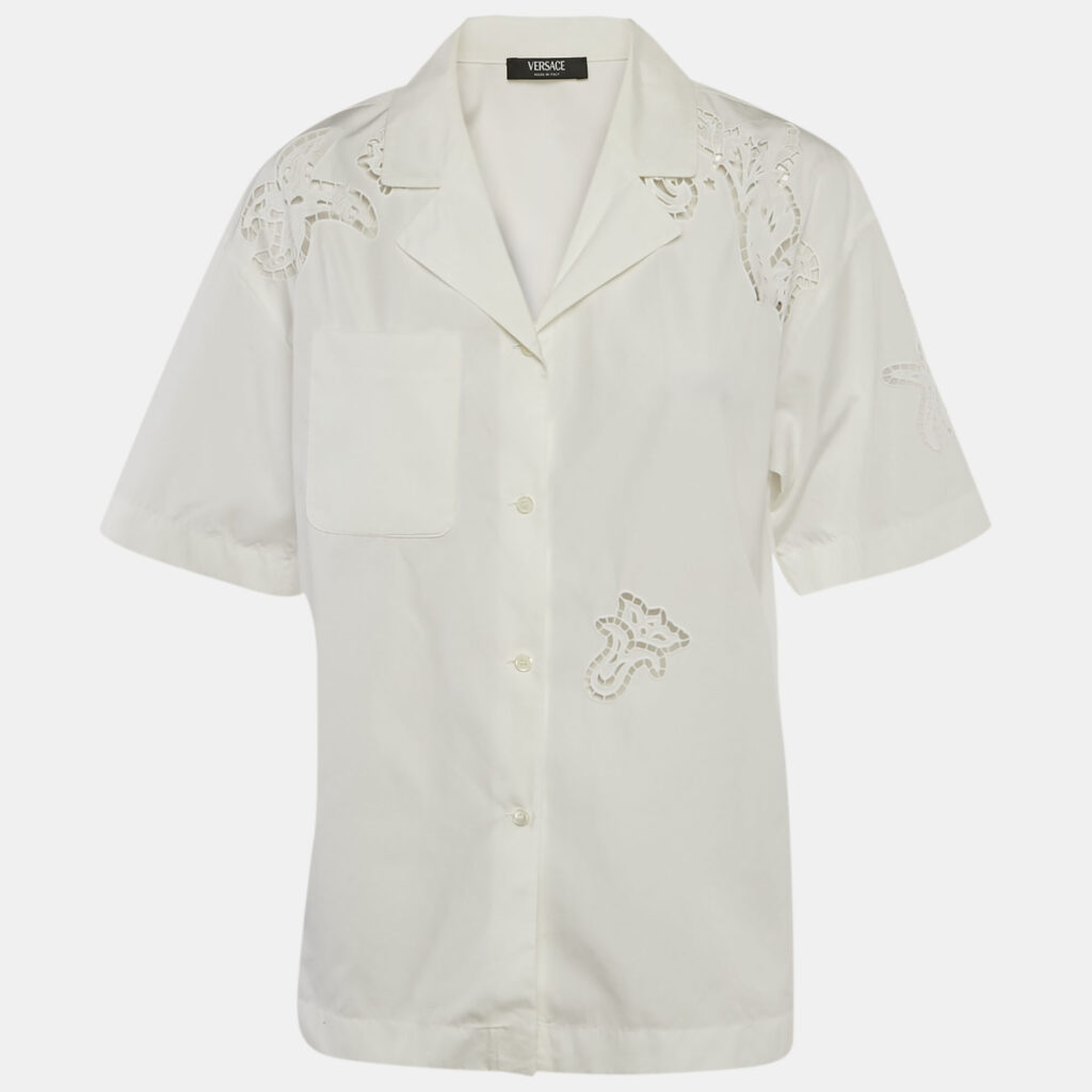 Versace White Cotton Poplin Short Sleeve Sangallo Shirt S