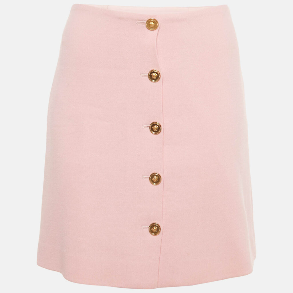 Versace Pink Wool Medusa Button Mini Skirt S Versace Pink Wool Medusa Button Mini Skirt S