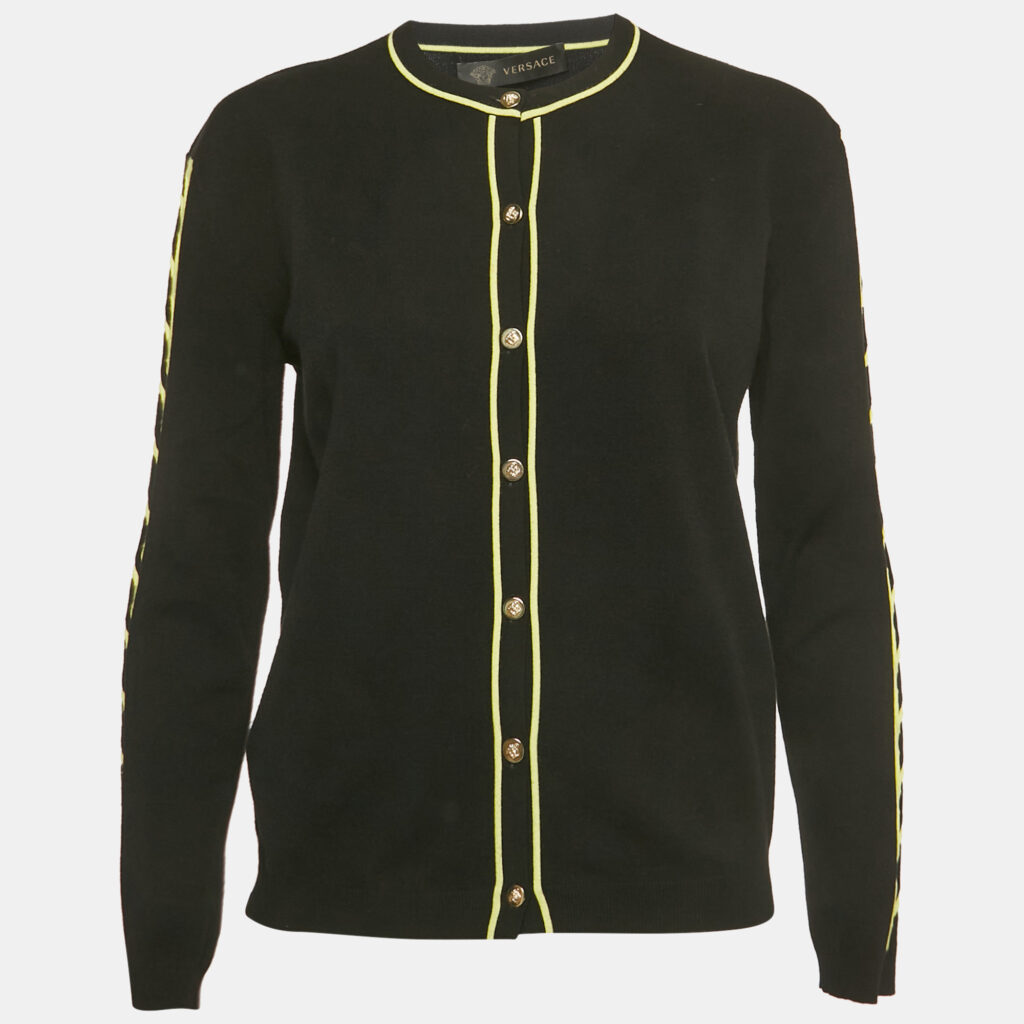 luxury-women-versace-used-clothes-p1226231-003.jpg Versace Black Knit Cut -Out Detail Knit Button Front Cardigan L