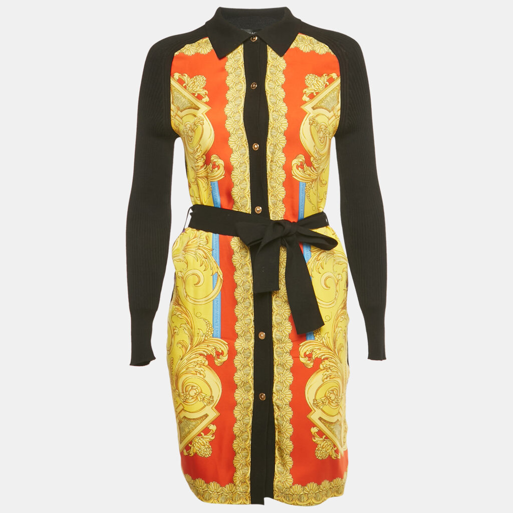 Versace Black/Yellow Barocco Print Silk and Rib Knit Cardigan XS Versace Black/Yellow Barocco Print Silk and Rib Knit Cardigan XS