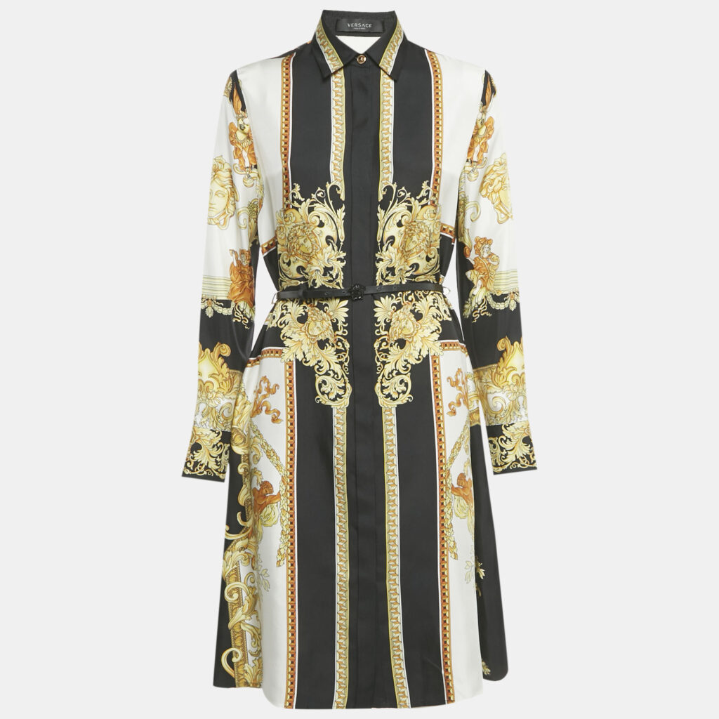 Versace Black/Yellow Barocco Print Silk Belted Shirt Dress S