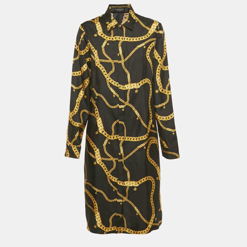 Versace Black Chain Print Silk Shirt Dress L