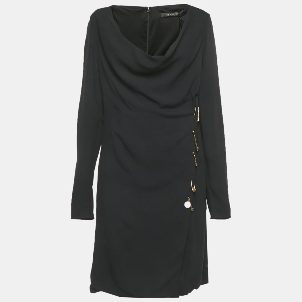 Versace Black Crepe Medusa Pin Detail Short Dress M