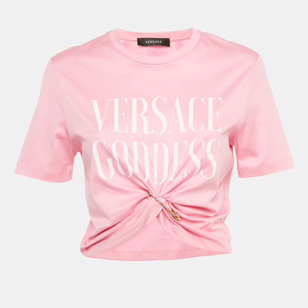 Versace Pink Goddess Print Cotton Knotted Crop Top S Versace Pink Goddess Print Cotton Knotted Crop Top S