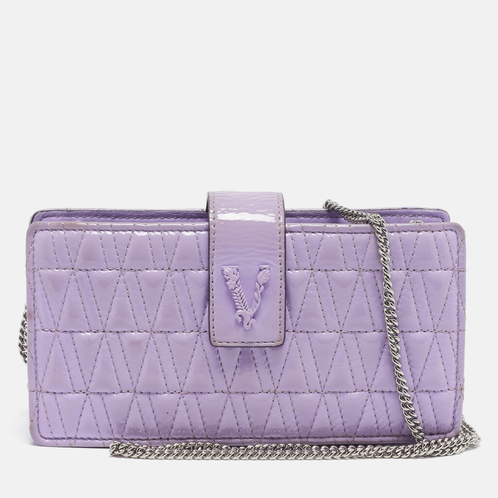 Versace Lilac Quilted Patent Leather Virtus Wallet on Chain Versace Lilac Quilted Patent Leather Virtus Wallet on Chain