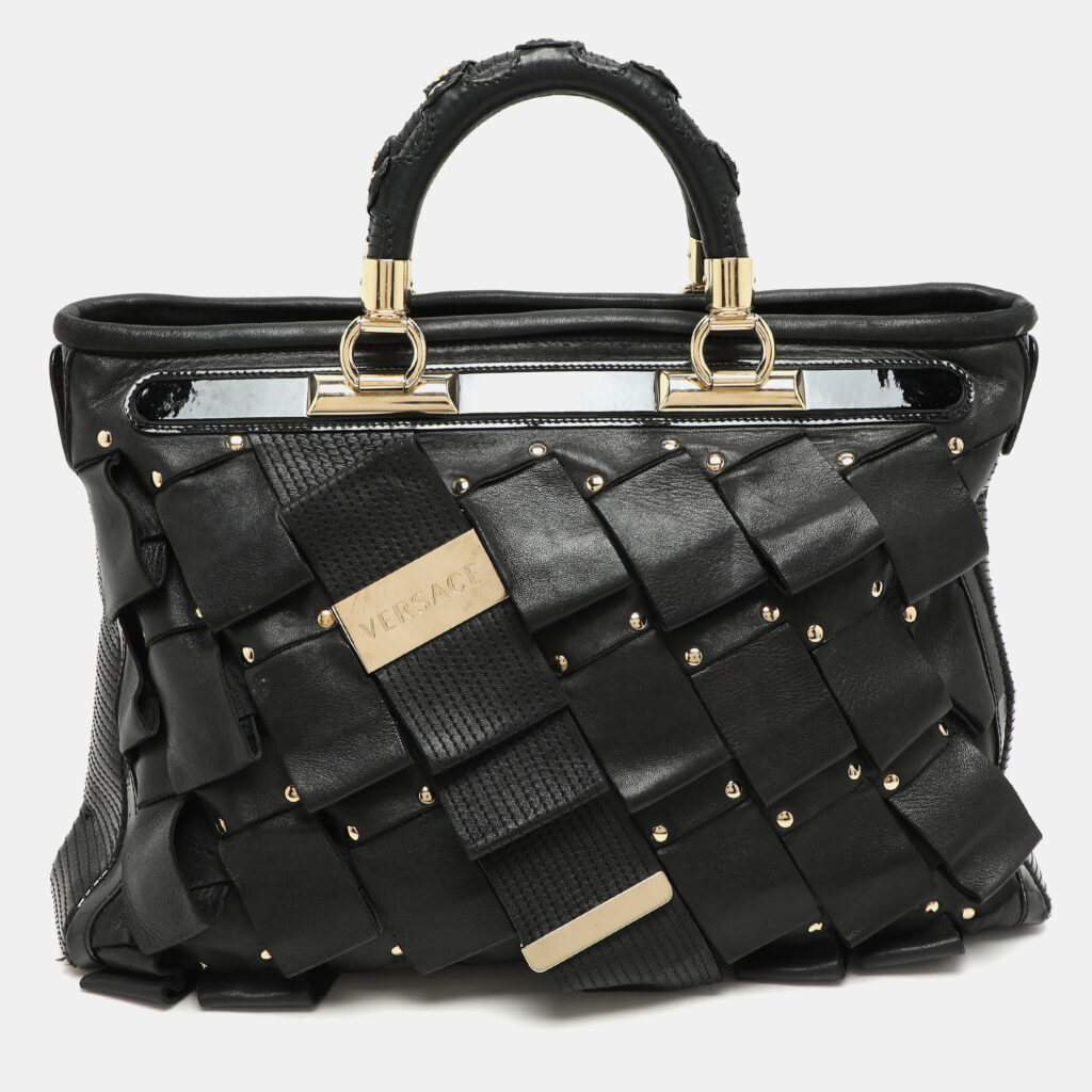 Versace Black Leather and Patent Leather Vanitas Tote Versace Black Leather and Patent Leather Vanitas Tote