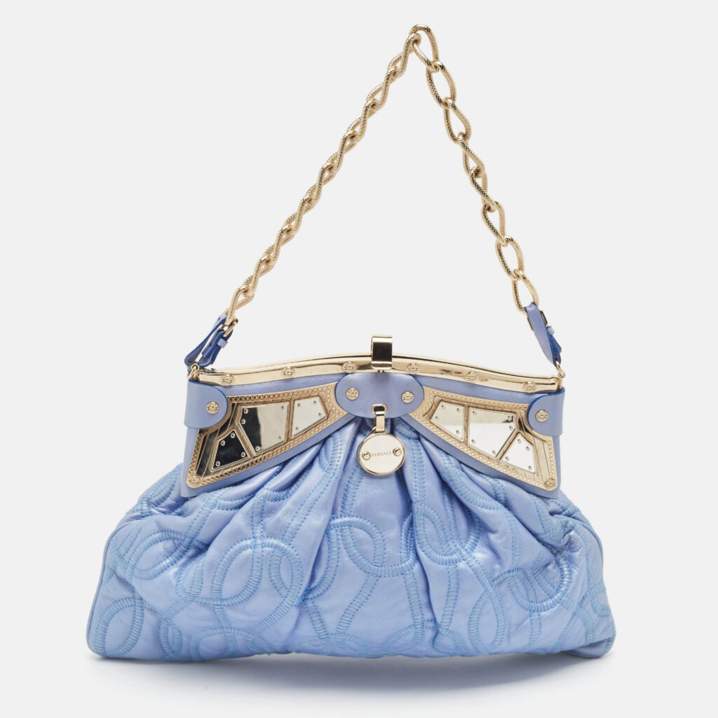 Versace Metallic Light Blue Leather Mirror Frame Chain Shoulder Bag Versace Metallic Light Blue Leather Mirror Frame Chain Shoulder Bag