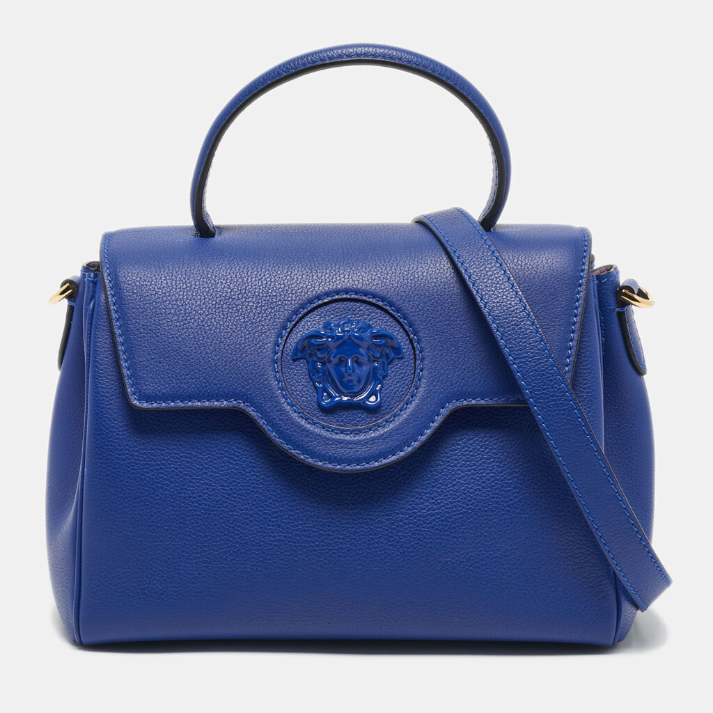 Versace Blue Leather La Medusa Top Handle Bag