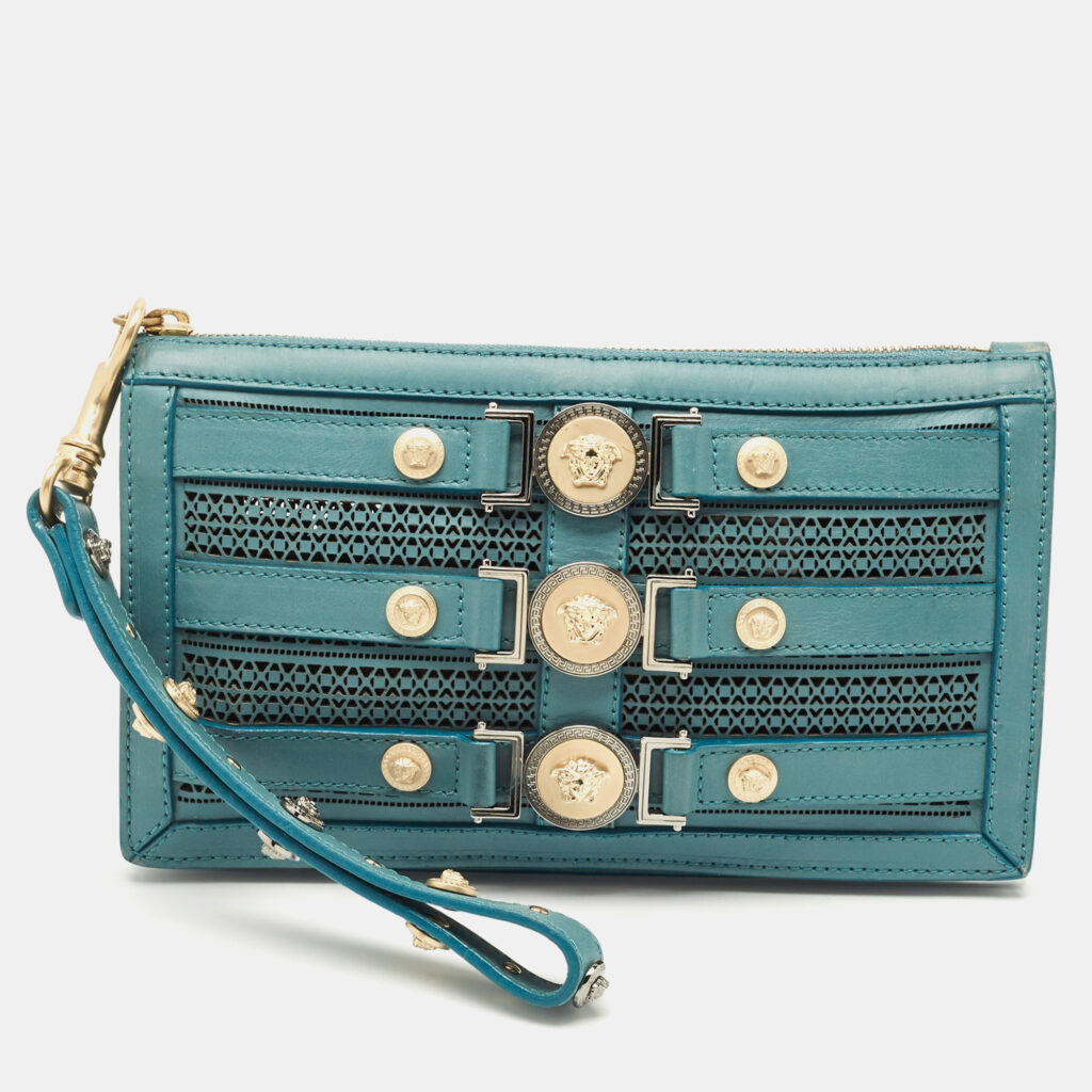 Versace Stone Blue Leather Medusa Wristlet Pouch Versace Stone Blue Leather Medusa Wristlet Pouch