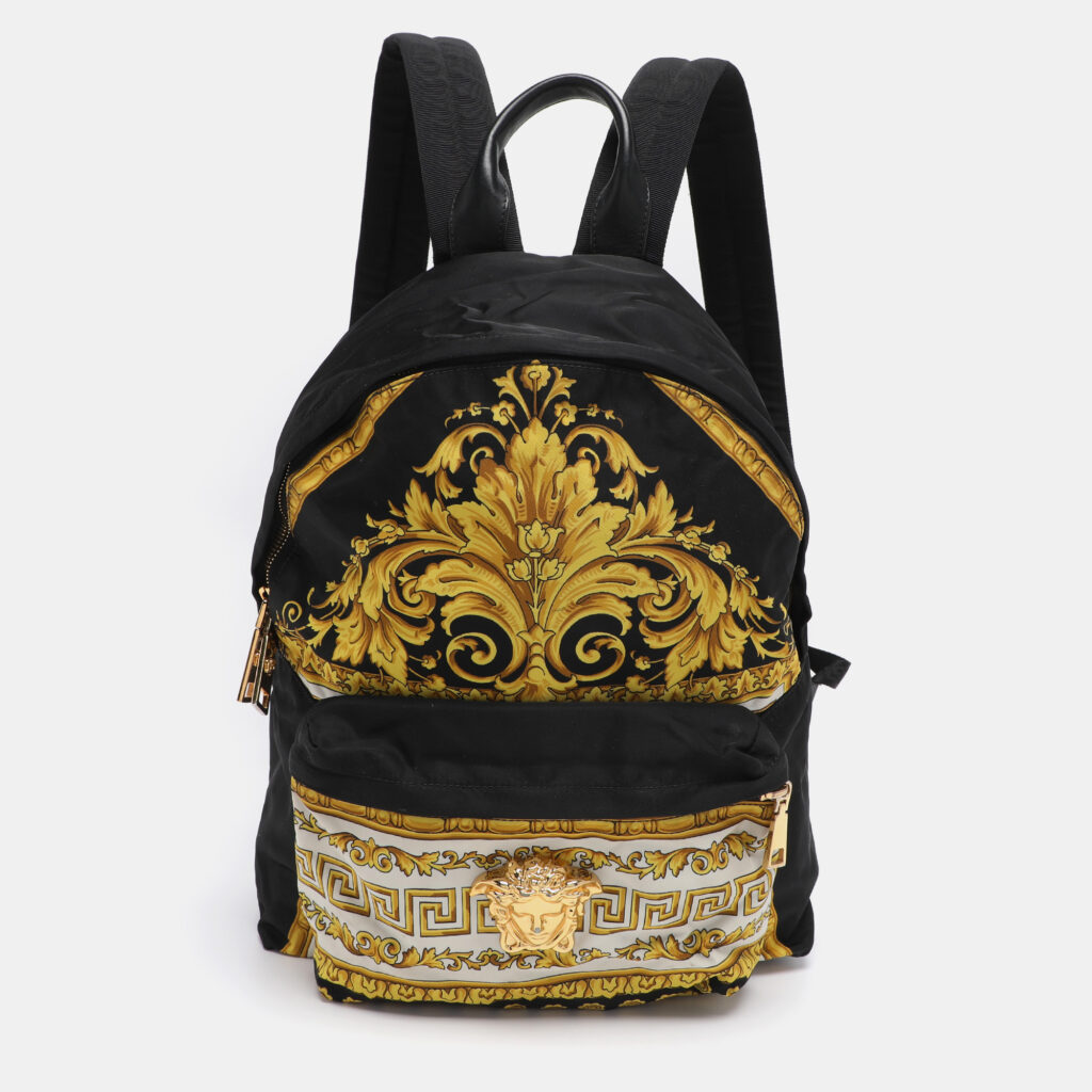 Versace Black/Yellow Medusa Print Nylon and Leather Backpack Versace Black/Yellow Medusa Print Nylon and Leather Backpack