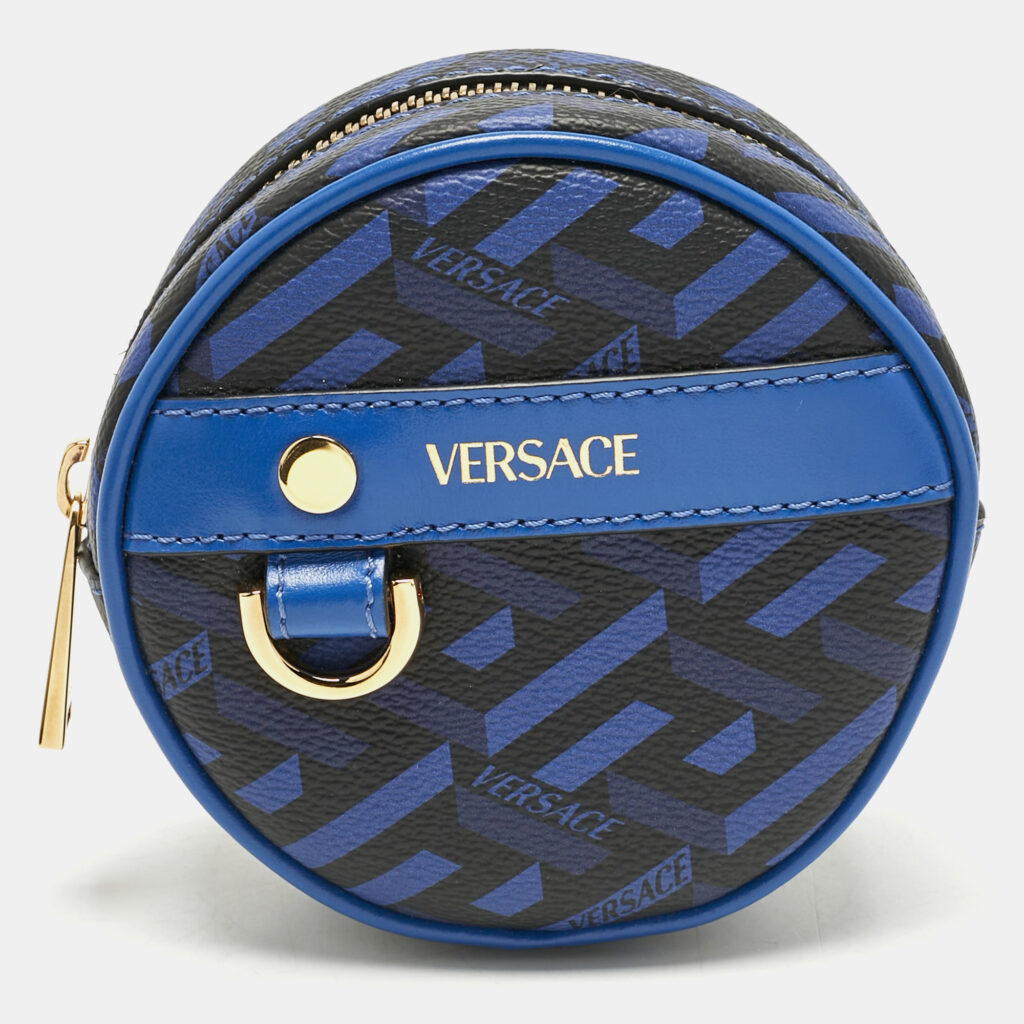 Versace Blue Coated Canvas and Leather La Greca Zip Round Pouch Versace Blue Coated Canvas and Leather La Greca Zip Round Pouch
