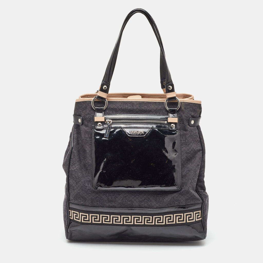 Versace Black/Beige Medusa Print Fabric and Patent Leather Front Pocket Tote