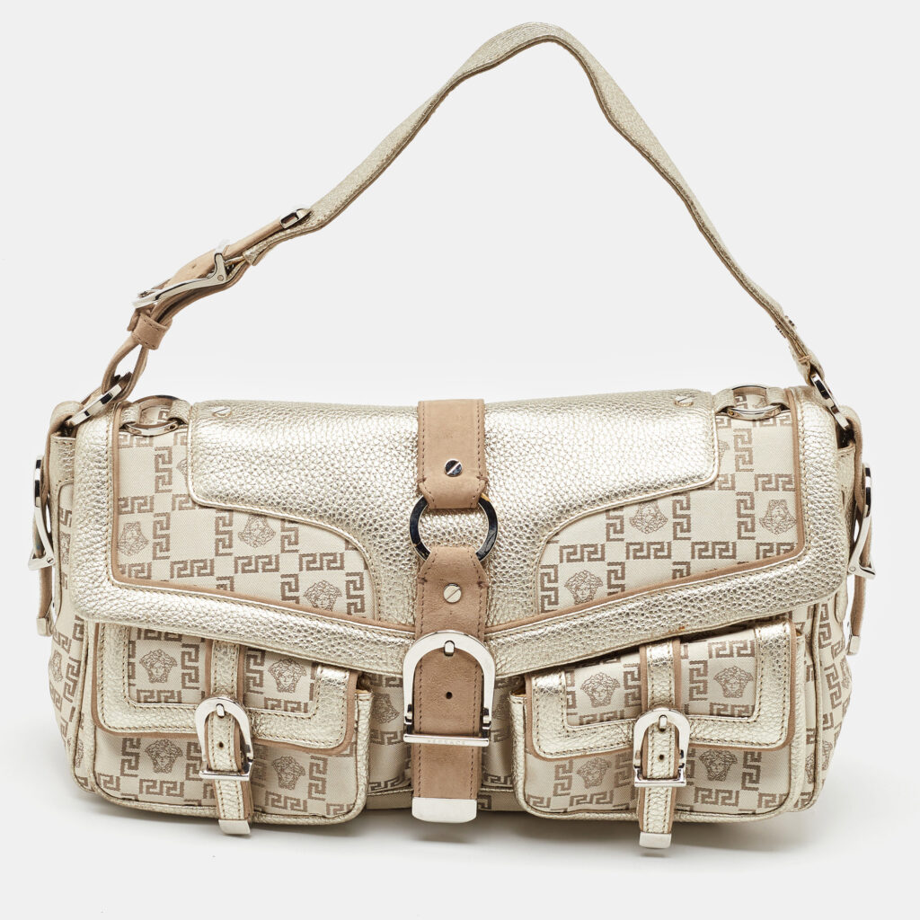 Versace Beige/Metallic Signature Canvas and Leather Double Pocket Flap Bag Versace Beige/Metallic Signature Canvas and Leather Double Pocket Flap Bag