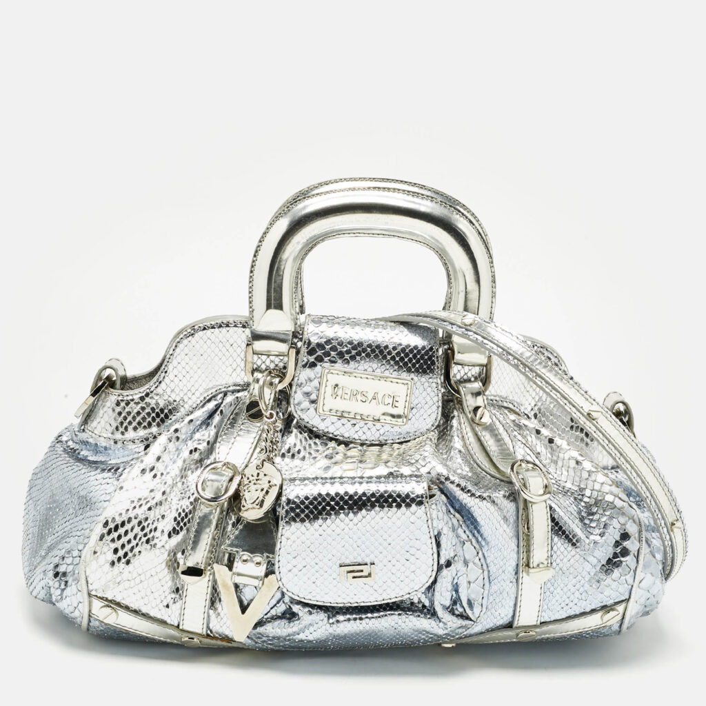 Versace Bluish Silver Python Frame Satchel Versace Bluish Silver Python Frame Satchel
