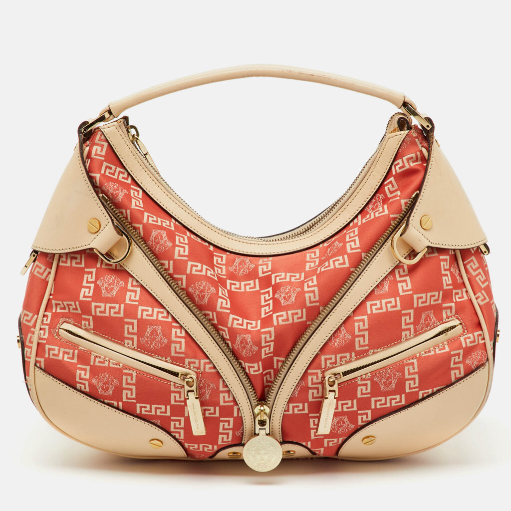 Versace Beige/Orange Signature Canvas and Leather Medusa Repeat Hobo Versace Beige/Orange Signature Canvas and Leather Medusa Repeat Hobo