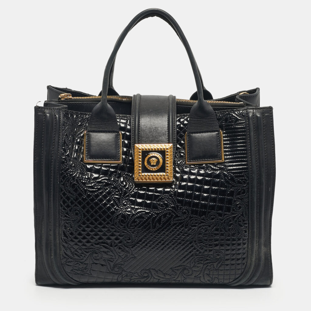 Versace Black Leather and Patent Leather Vanitas Icon Tote