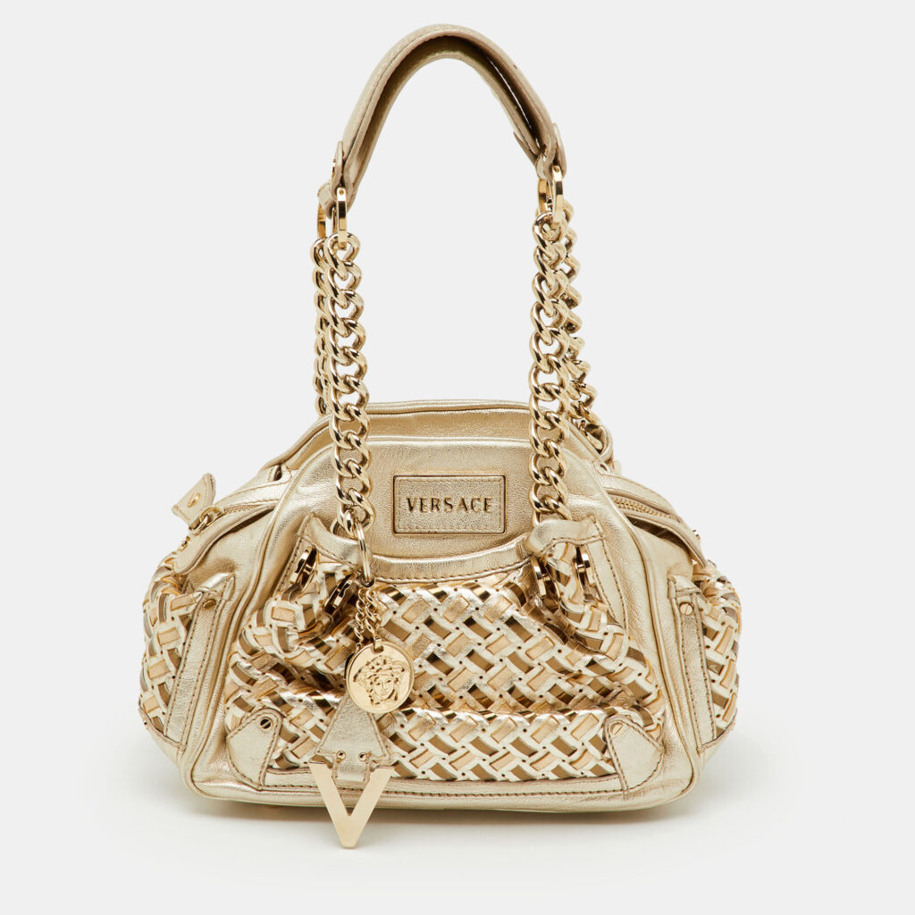 Versace Metallic Gold Woven Leather Chain Link Satchel Versace Metallic Gold Woven Leather Chain Link Satchel