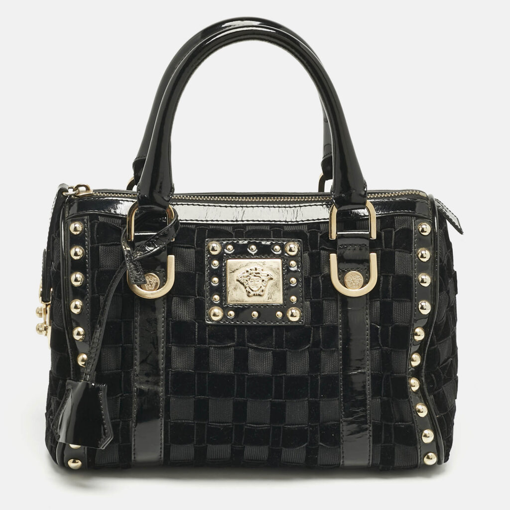 Versace Black Woven Velvet and Patent Leather Small Studded Snap Out Of It Satchel