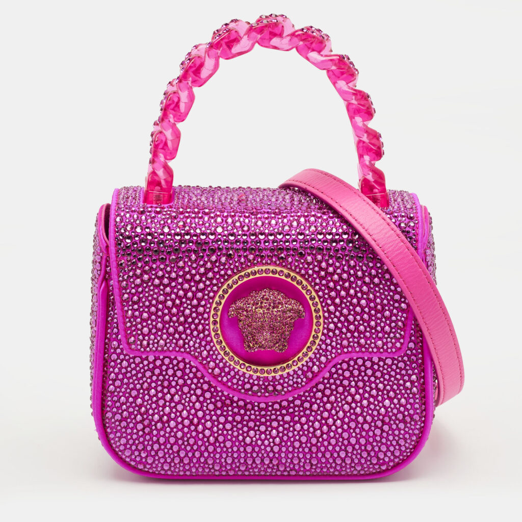 Versace Fuchsia Satin Mini Crystal La Medusa Top Handle Bag
