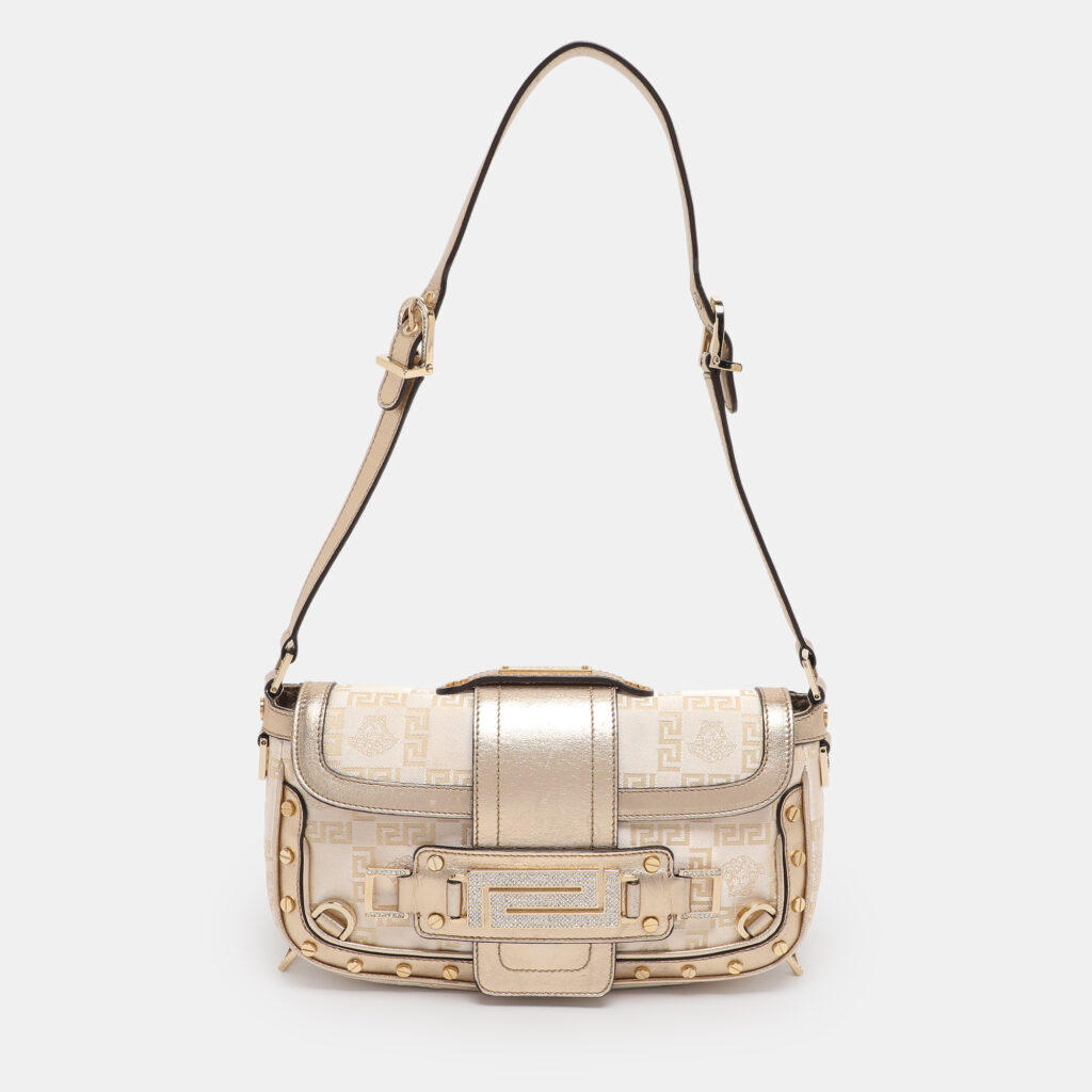 luxury-women-versace-used-handbags-p1224430-001.jpg Versace Metallic Canvas and Leather Crystal Embellished Shoulder Bag