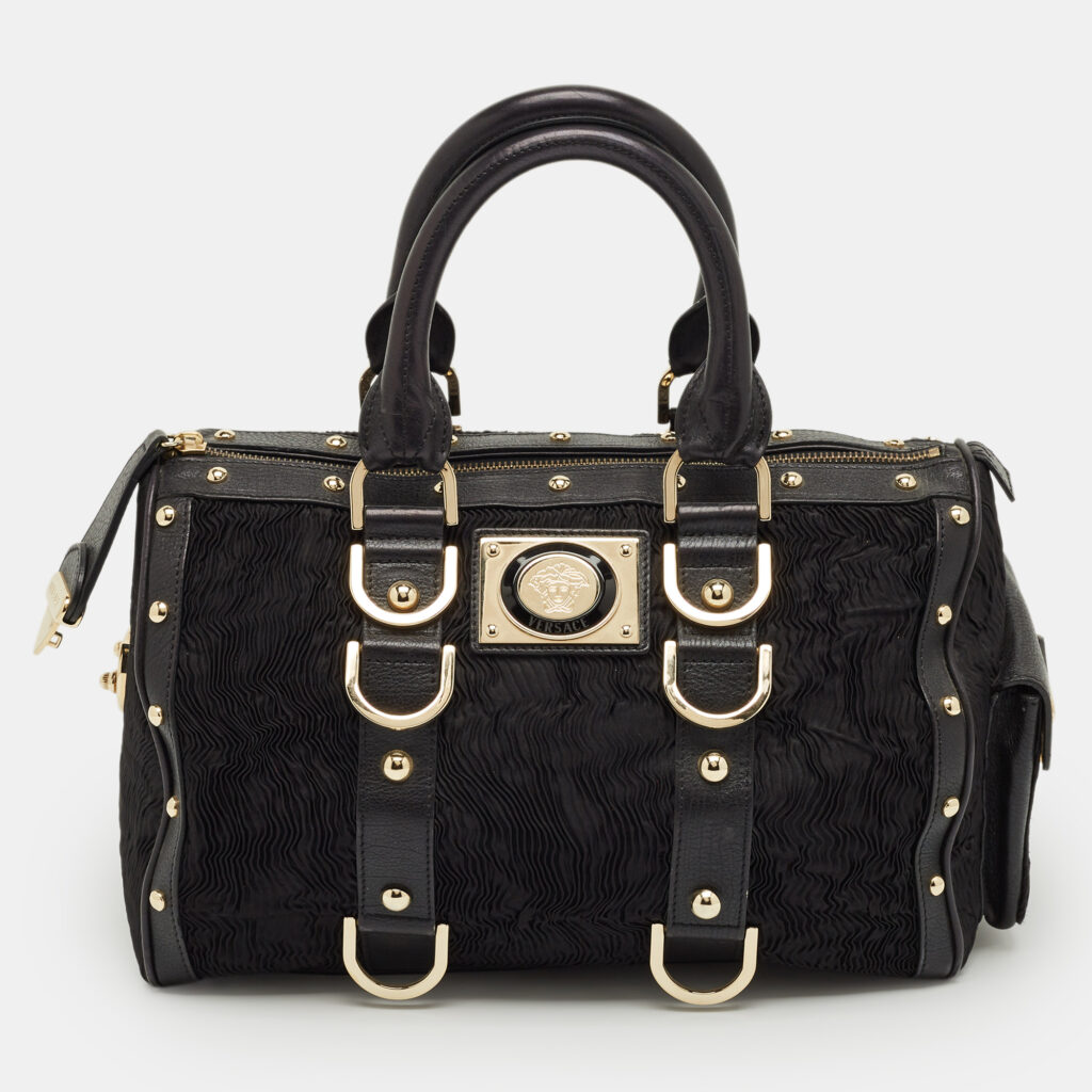 Versace Black Satin and Leather Plisse Snap Out Of It Satchel