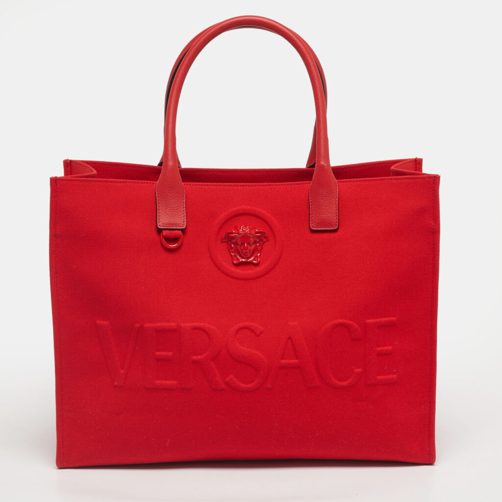 Versace Red Canvas and Leather La Medusa Logo Shopper Tote