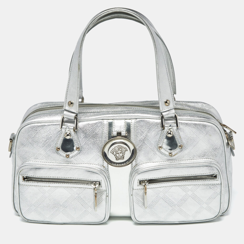 Versace Silver Monogram Embossed Leather Medusa Pocket Satchel Versace Silver Monogram Embossed Leather Medusa Pocket Satchel